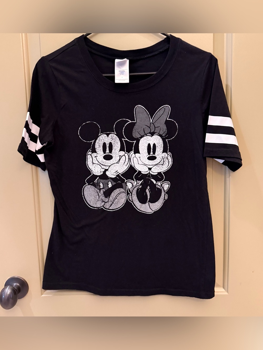 Disney Black Short-Sleeve Tee with Silver Mickey & Minnie Glitter Graphic